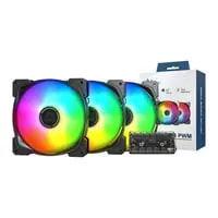 140mm Montech HP140 ARGB PWM 3 Pack Fans, Black, 9 Blade, 600-1600rpm, 95.61 CFM, Rifle Bearing, 4-Pin PWM, Fan Hub