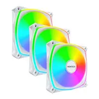 120mm Montech RX120 Pro ARGB Fan, White, 9 Blade Reverse, 600-1600rpm, 72.3 CFM, Rifle Bearing, 3-Pack w/ Fan