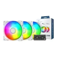 140mm Montech HP140 ARGB PWM 3 Pack Fans, White, 9 Blade, 600-1600rpm, 95.61 CFM, Rifle Bearing, 4-Pin PWM, Fan Hub